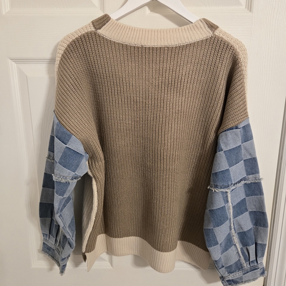 J.O.A. Beige Ribbed Knit Sweater With Denim Sleeves Size Large - Picture 7 of 11